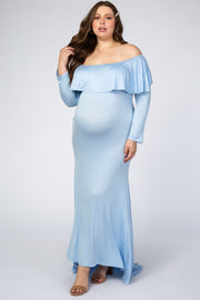 Light Blue Off Shoulder Ruffle Maternity Plus Photoshoot Gown/Dress