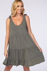 Light Olive Knotted Strap Tiered Dress