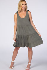 Light Olive Knotted Strap Tiered Maternity Dress