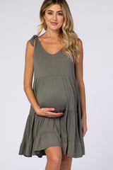 Light Olive Knotted Strap Tiered Maternity Dress