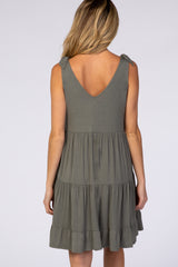 Light Olive Knotted Strap Tiered Maternity Dress