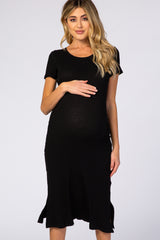 Black Fitted Short Sleeve Maternity Midi Dress