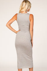 Taupe Black Striped Ribbed Midi Dress