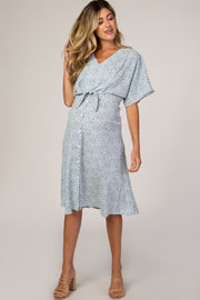 Blue Printed V-Neck Drop Shoulder Maternity Dress