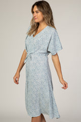 Blue Printed V-Neck Drop Shoulder Dress