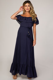 Navy Blue Off Shoulder Tassel Tie Maternity Maxi Dress