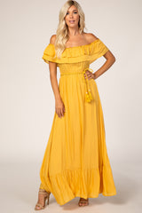 Yellow Off Shoulder Tassel Tie Maxi Dress