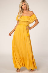 Yellow Off Shoulder Tassel Tie Maxi Dress