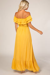 Yellow Off Shoulder Tassel Tie Maxi Dress