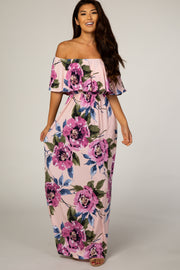 Pink Floral Off Shoulder Flounce Maxi Dress