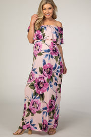 Pink Floral Off Shoulder Flounce Maternity Maxi Dress