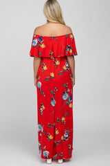 Red Floral Off Shoulder Flounce Maternity Maxi Dress