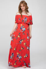 Red Floral Off Shoulder Flounce Maternity Maxi Dress