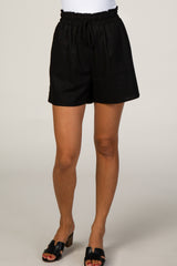 Black Linen Smocked Waist Shorts