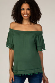 Forest Green Off Shoulder Pom Pom Hem Maternity Top