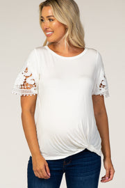 White Crochet Sleeve Knotted Hem Maternity Top