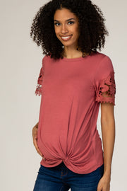 Rust Crochet Sleeve Knotted Hem Maternity Top