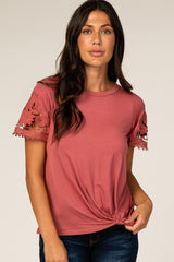 Rust Crochet Sleeve Knotted Hem Top