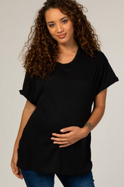 Black Cuffed Sleeve Basic Maternity Tee