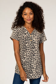 Mocha Animal Print Button Accent Top