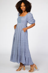 Blue Crochet Front Square Neck Back Cutout Maxi Dress