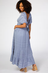 Blue Crochet Front Square Neck Back Cutout Maxi Dress