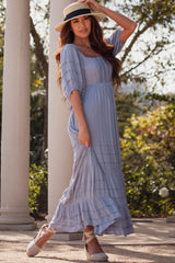 Blue Crochet Front Square Neck Back Cutout Maxi Dress