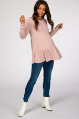 Mauve Textured Rib Tiered Long Sleeve Maternity Top