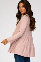 Mauve Textured Rib Tiered Long Sleeve Maternity Top