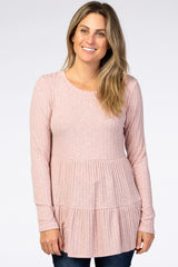 Mauve Textured Rib Tiered Long Sleeve Maternity Top