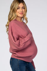 Mauve Cable Knit Sleeve Mock Neck Maternity Sweater