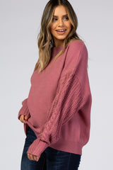 Mauve Cable Knit Sleeve Mock Neck Sweater