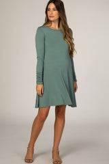 Sage Ruched Sleeve Maternity Swing Dress