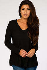 Black Waffle Knit Ruffle Peplum Top