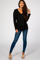 Black Waffle Knit Ruffle Peplum Top