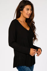 Black Waffle Knit Ruffle Peplum Top