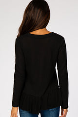 Black Waffle Knit Ruffle Peplum Top