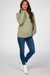 Light Olive Cable Knit Mock Neck Maternity Sweater