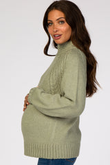 Light Olive Cable Knit Mock Neck Maternity Sweater