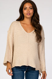 Beige V-Neck Hi-Low Maternity Sweater