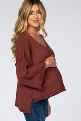 Burgundy V-Neck Hi-Low Maternity Sweater