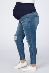 Blue Distressed Crop Maternity Plus Jeans