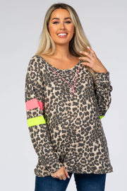 Brown Animal Print Neon Stripe Sleeve Maternity Top