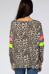 Brown Animal Print Neon Stripe Sleeve Top