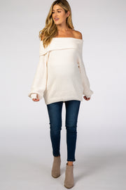 Ivory Soft Chenille Off Shoulder Foldover Maternity Sweater