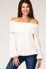 Ivory Soft Chenille Off Shoulder Foldover Sweater