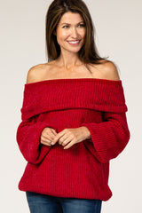 Red Soft Chenille Off Shoulder Foldover Sweater