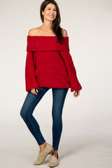 Red Soft Chenille Off Shoulder Foldover Sweater