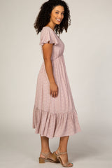 Pink Dot Print Ruffle Midi Dress