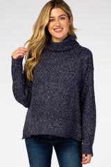 Navy Blue Heathered Knit Turtleneck Maternity Sweater